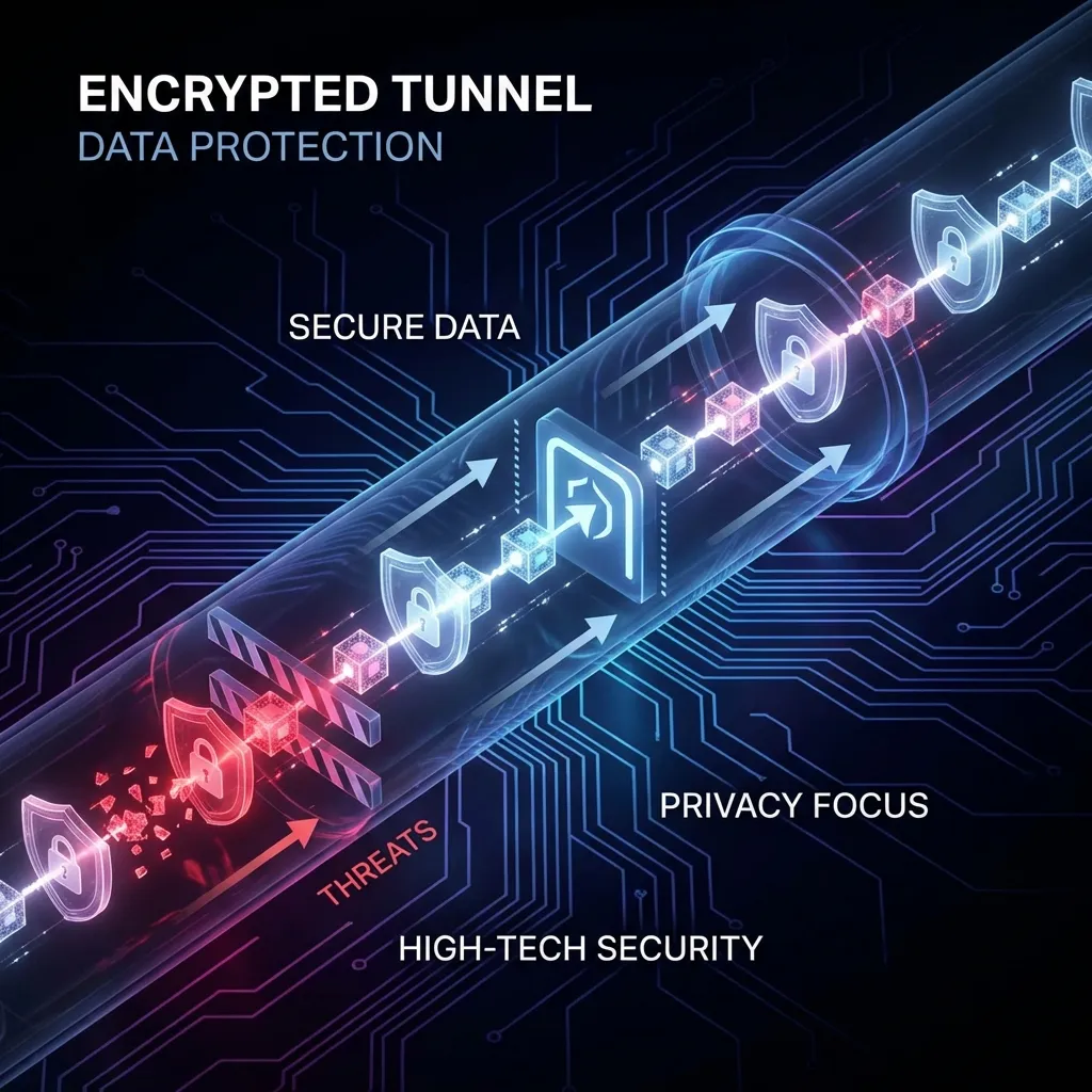 Schematic view of an encrypted data tunnel protecting transactions from mempool predators