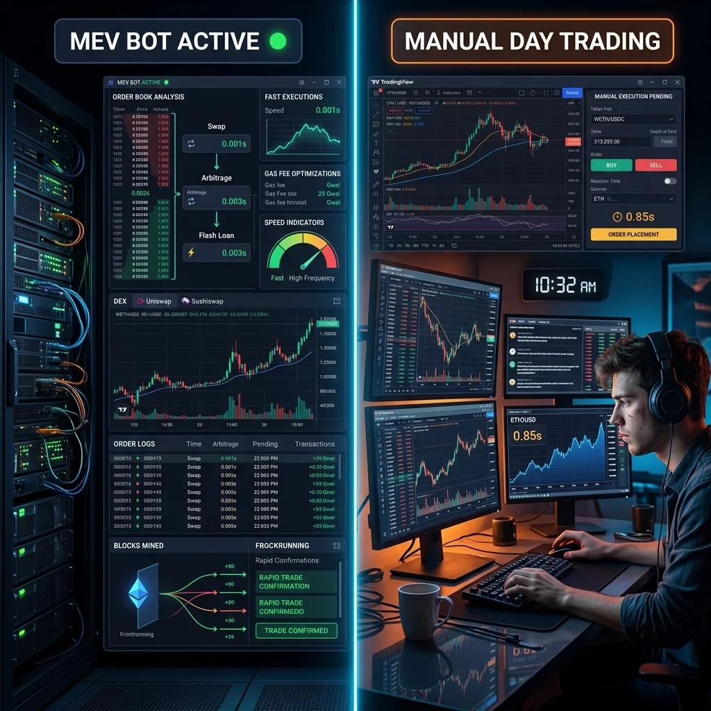 Side-by-side comparison of MEV, scalping, and day trading workflows