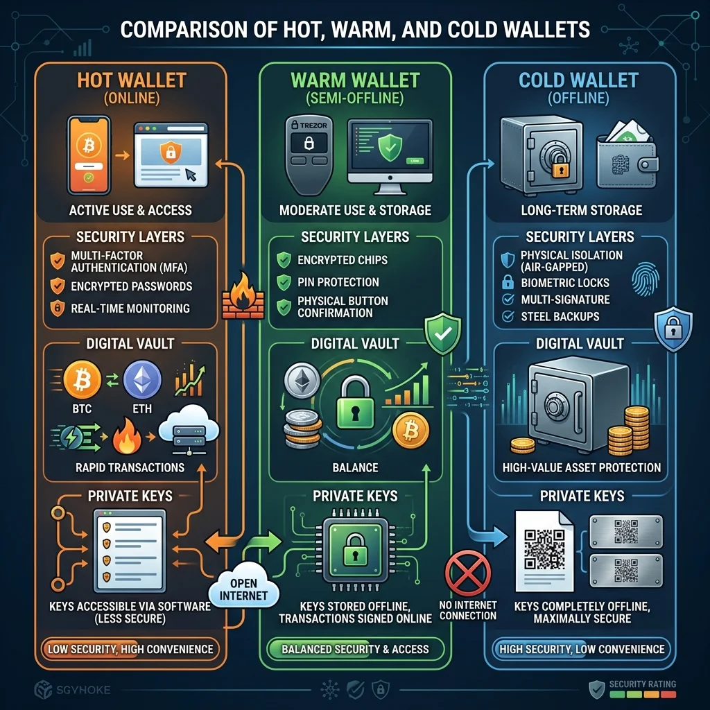 Layered wallet architecture diagram for MEV operators with hot, warm, and cold tiers
