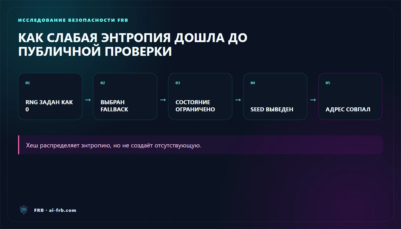 Схема слабого места COLDCARD RNG от конфигурации до проверки публичного адреса